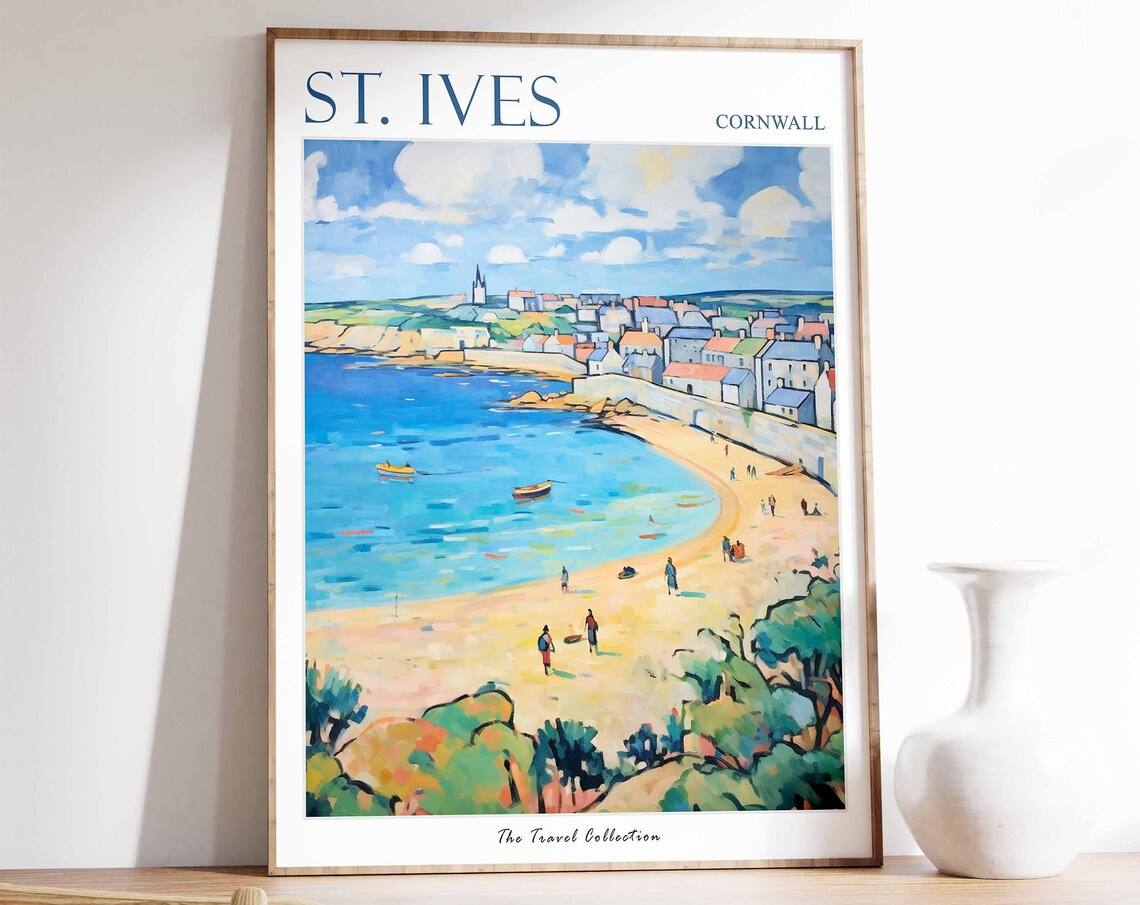 St. Ives Cornwall Harbor Boats Beach Cliff Town Travel Poster