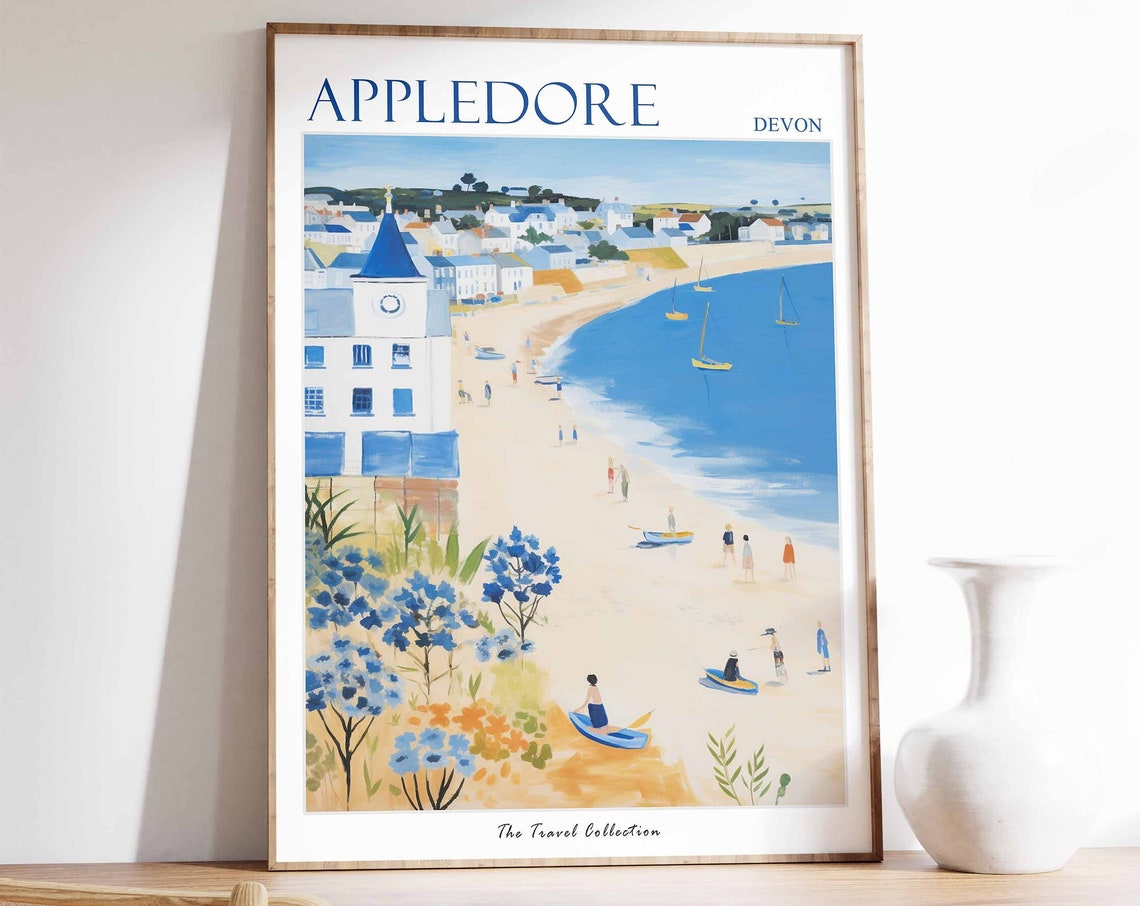 Appledore Devon Beach Sailboats Floral Coastal Village Art Poster