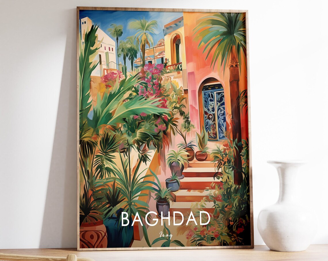 Baghdad Iraq Colorful Courtyard Palm Plants Mosaic Door Travel Poster
