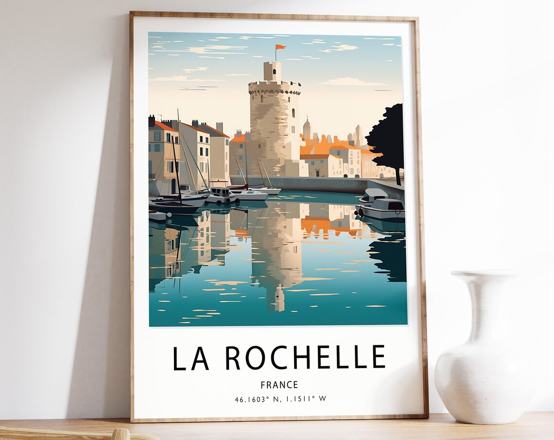 La Rochelle France Harbor Tower Reflection Retro Travel Art Poster