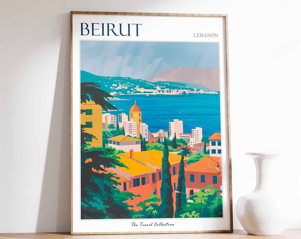 Beirut Lebanon Bay Cityscape Orange Roofs Graphic Travel Art Poster