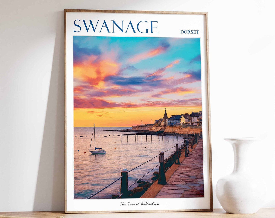 Swanage Dorset England Sunset Seafront Promenade Yacht Travel Poster