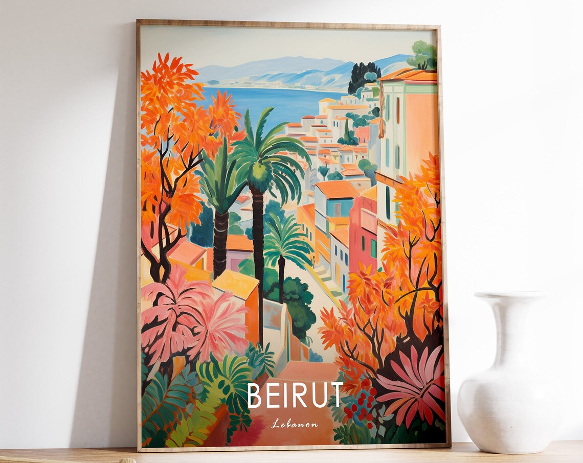 Beirut Lebanon Vibrant Coastal City Tropical Fauvist Travel Poster