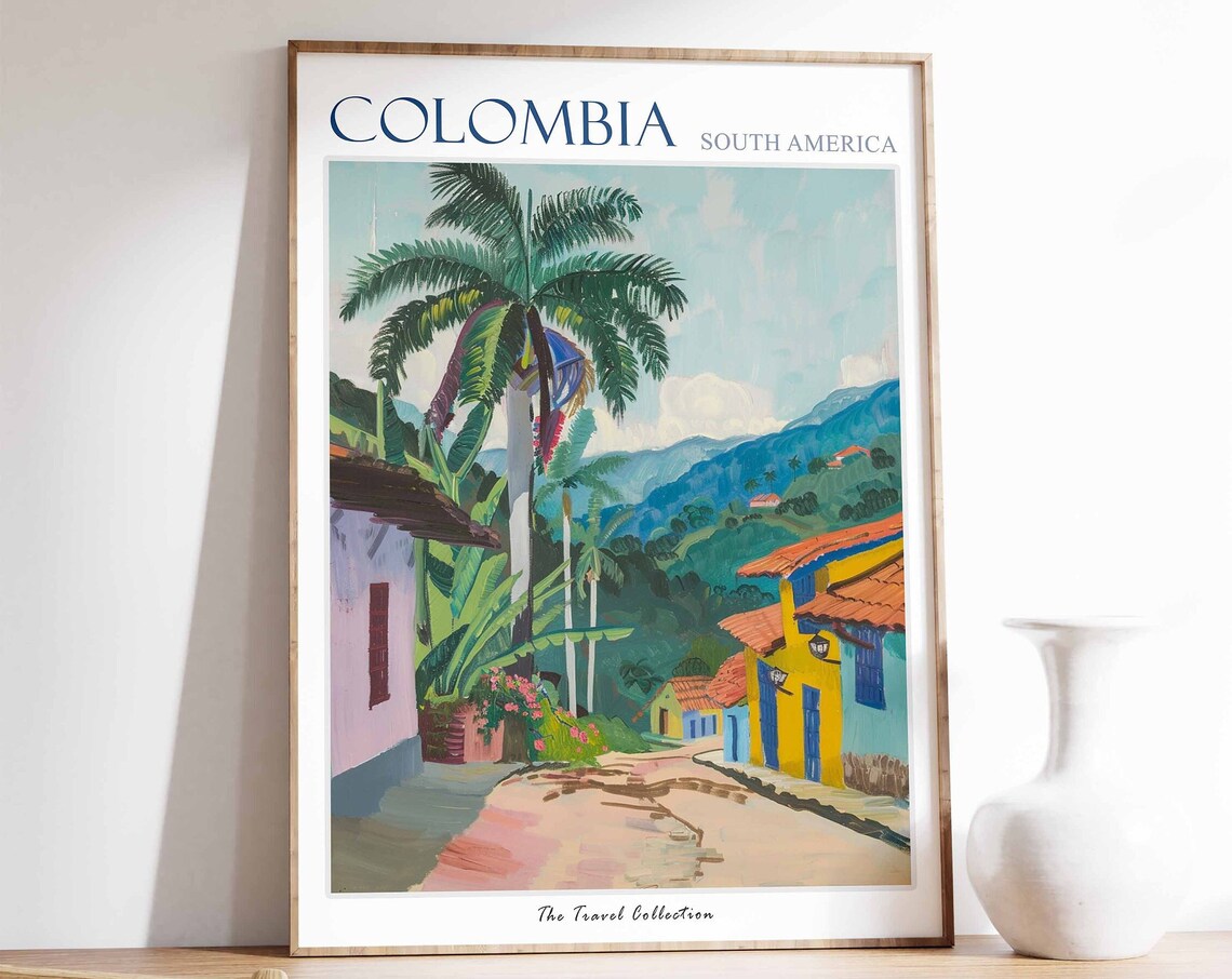 Colombia Tropical Village Palm Street South America Travel Poster