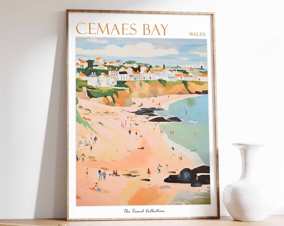 Cemaes Bay Wales Illustrated Beach Village Travel Poster Art