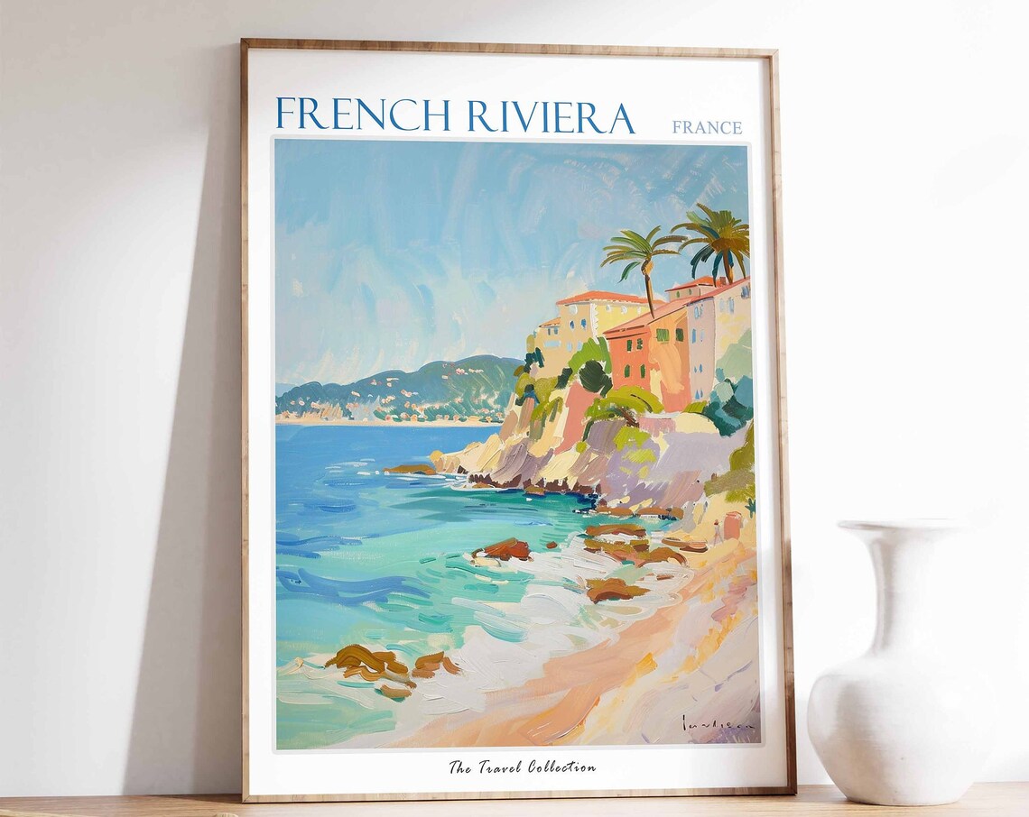 French Riviera Beach Painting Coastal Cliffs France Travel Poster