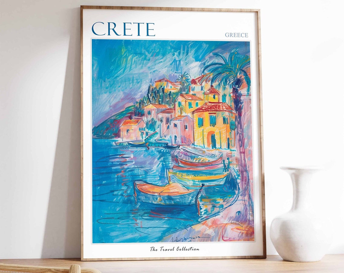 Crete Greece Colorful Harbor Village Boats Watercolor Travel Poster