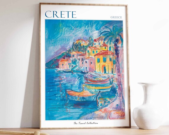 Crete Poster Crete Travel Print Greek Travel Poster Tropical Decor Beach Art Travel Gift Floral Print Coastal Decor Coast Wall Art