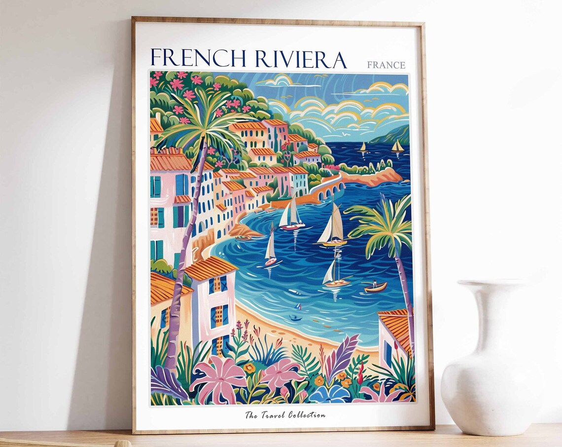 French Riviera Travel Poster, Coastal Decor Print