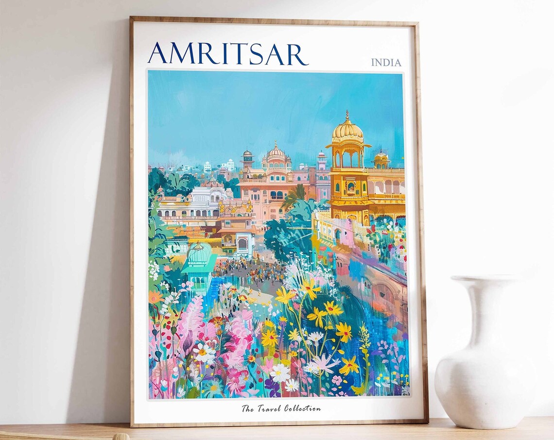 Amritsar Golden Temple Flower Crowds India Travel Wall Poster
