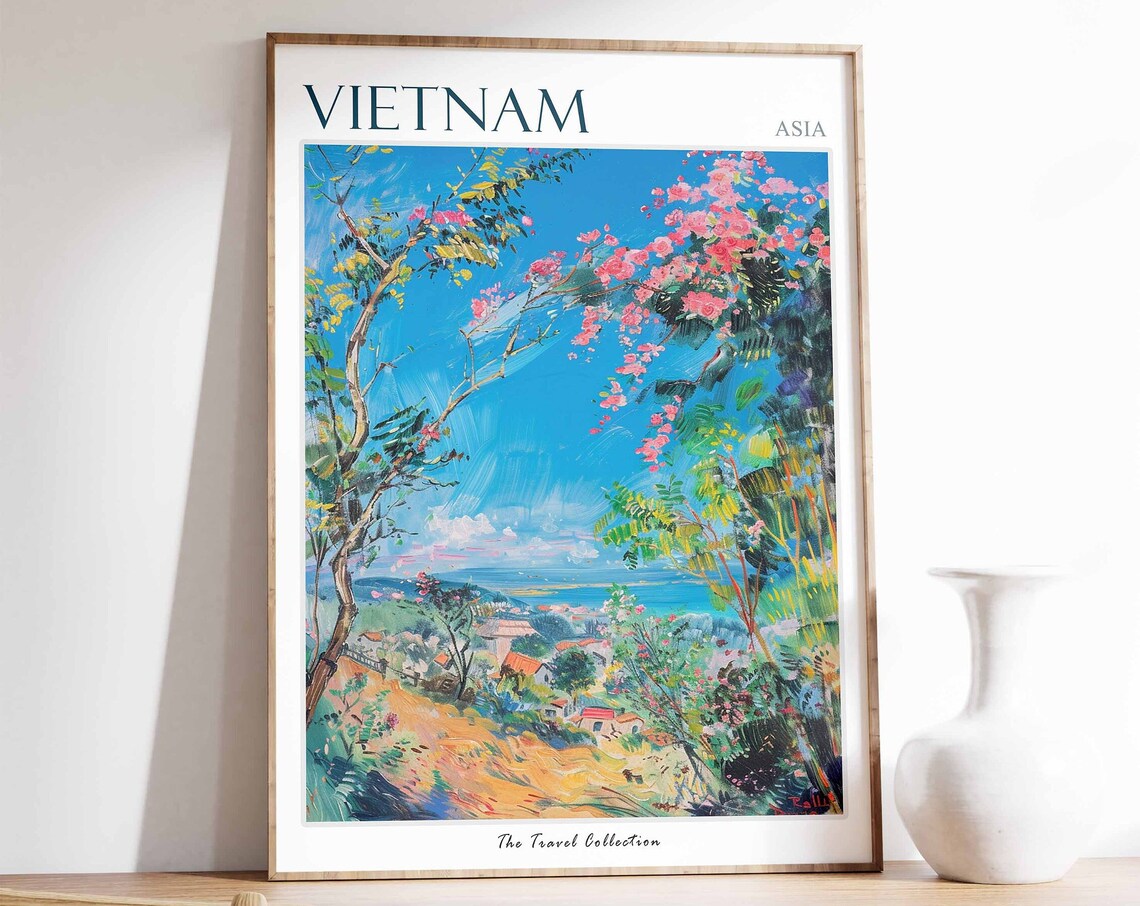 Vietnam Asia Pink Blossom Trees Coastal Village Sea View Poster