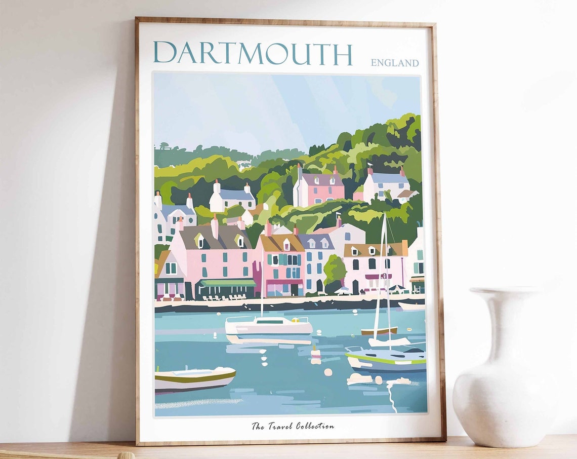 Dartmouth England Pastel Waterfront Cottages Sailboat Art Poster