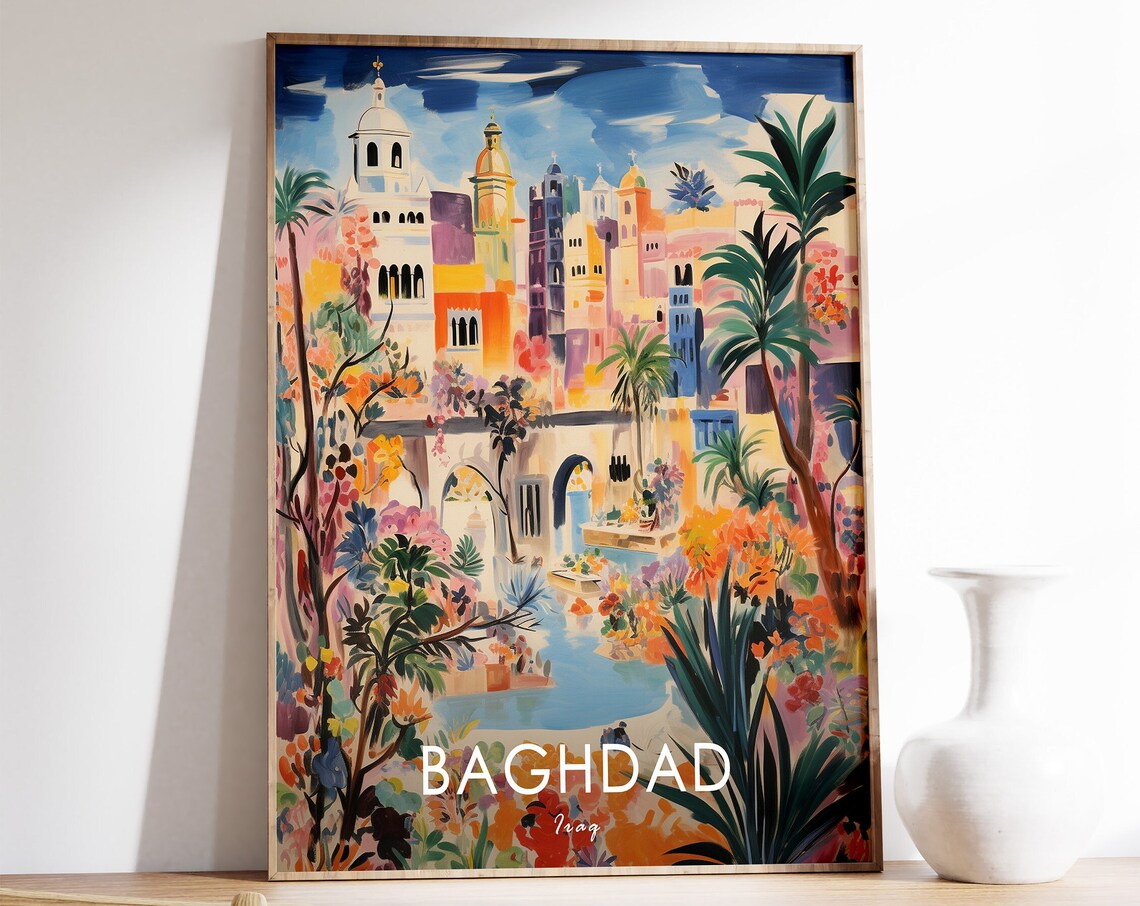 Baghdad Iraq Fauvist River Mosque Towers Lush Garden Travel Poster