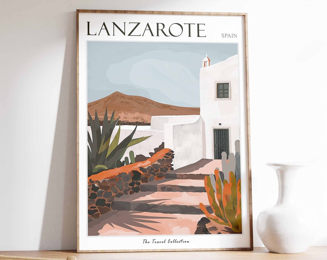 Lanzarote Spain Whitewashed House Cactus Volcanic Mountain Poster