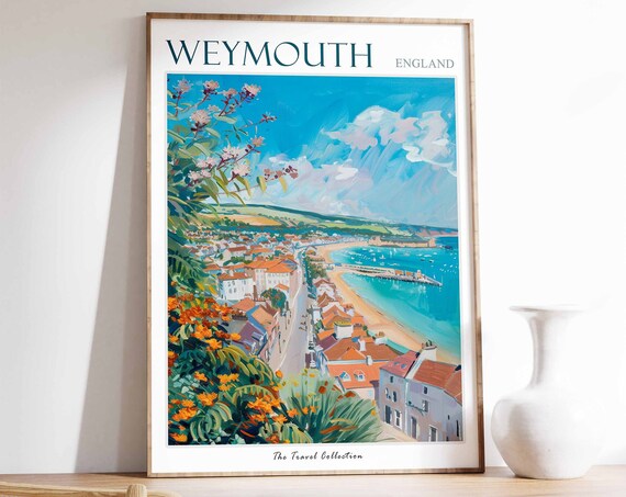 Weymouth England Colorful Coastal Bay Overlook Painting Travel Poster