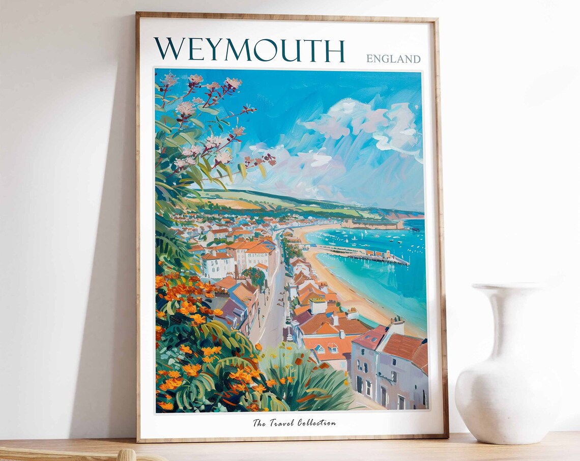 Weymouth England Colorful Coastal Bay Overlook Painting Travel Poster