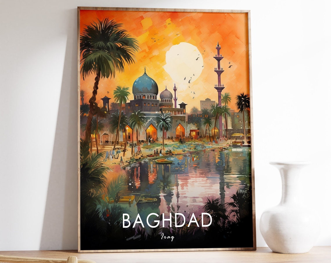 Baghdad Iraq Mosque Sunset Palm Riverside Vintage Travel Poster