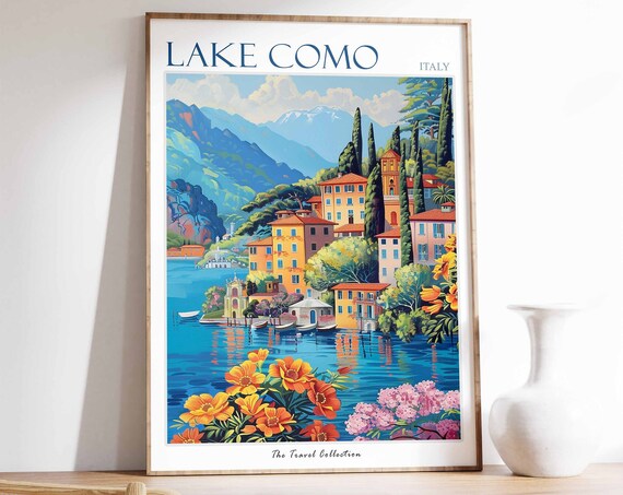 Lake Como Italy Travel Collection Village Flowers Mountain Poster