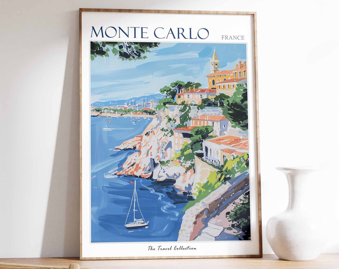 Monte Carlo Poster Monte Carlo Travel Print France Travel Poster Tropical Decor Beach Art Travel Gift Floral Print Coastal Decor