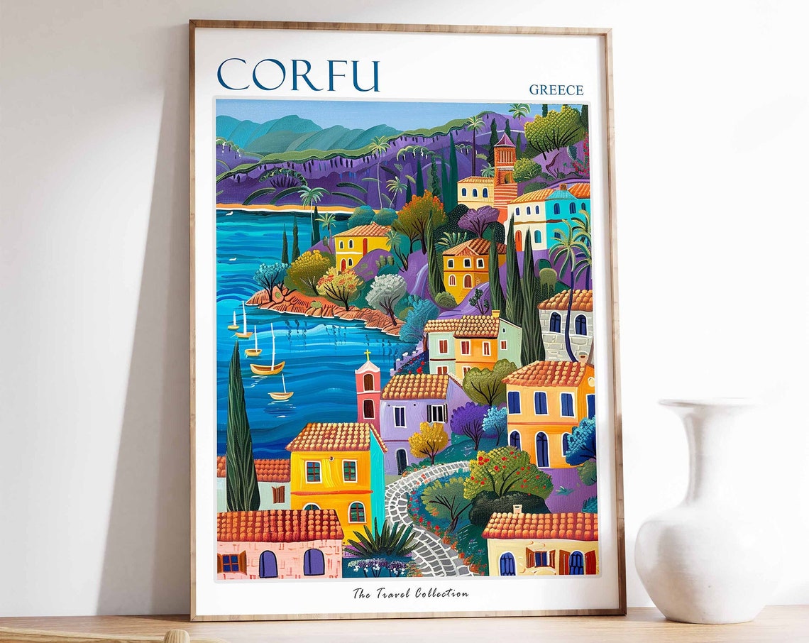 Corfu Greece Colorful Coastal Hillside Village Boats Wall Art
