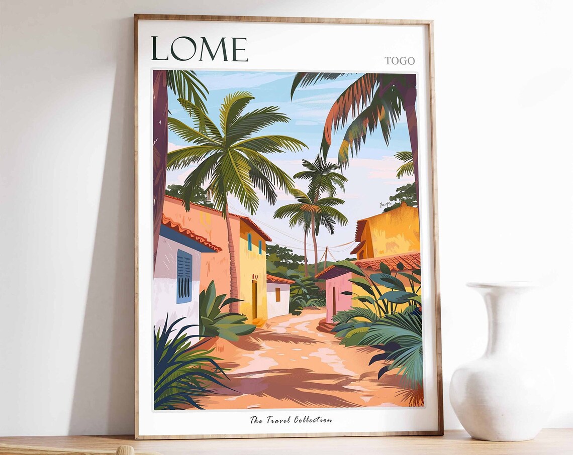 Lome Togo Tropical Palm Street Colorful Village Art Travel Poster