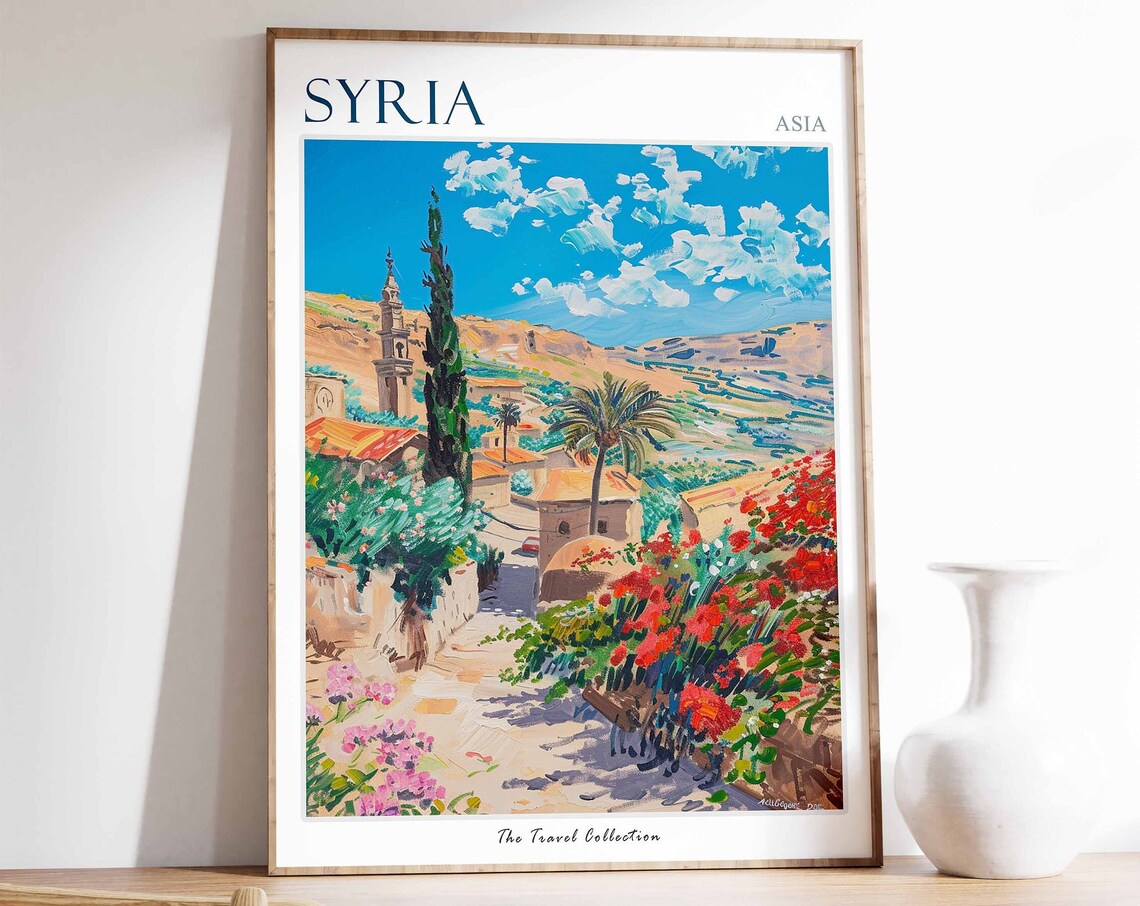 Syria Asia Old Stone Village Lane Cypress Red Blossom Poster
