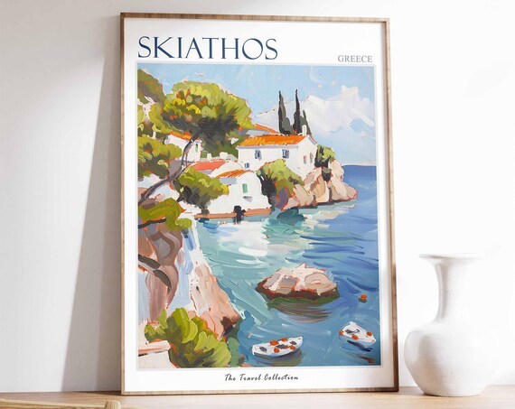 Skiathos Poster Skiathos Travel Print Greece Travel Poster Tropical Decor Beach Art Travel Gift Floral Print Coastal Decor