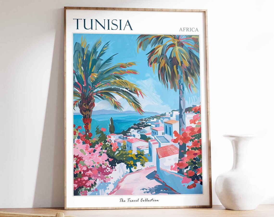 Tunisia Africa Palm Trees Bougainvillea and Coastal Village Poster