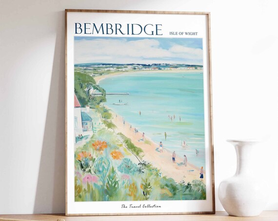 Bembridge Isle of Wight Sandy Beach Swimmers Watercolor Travel Poster