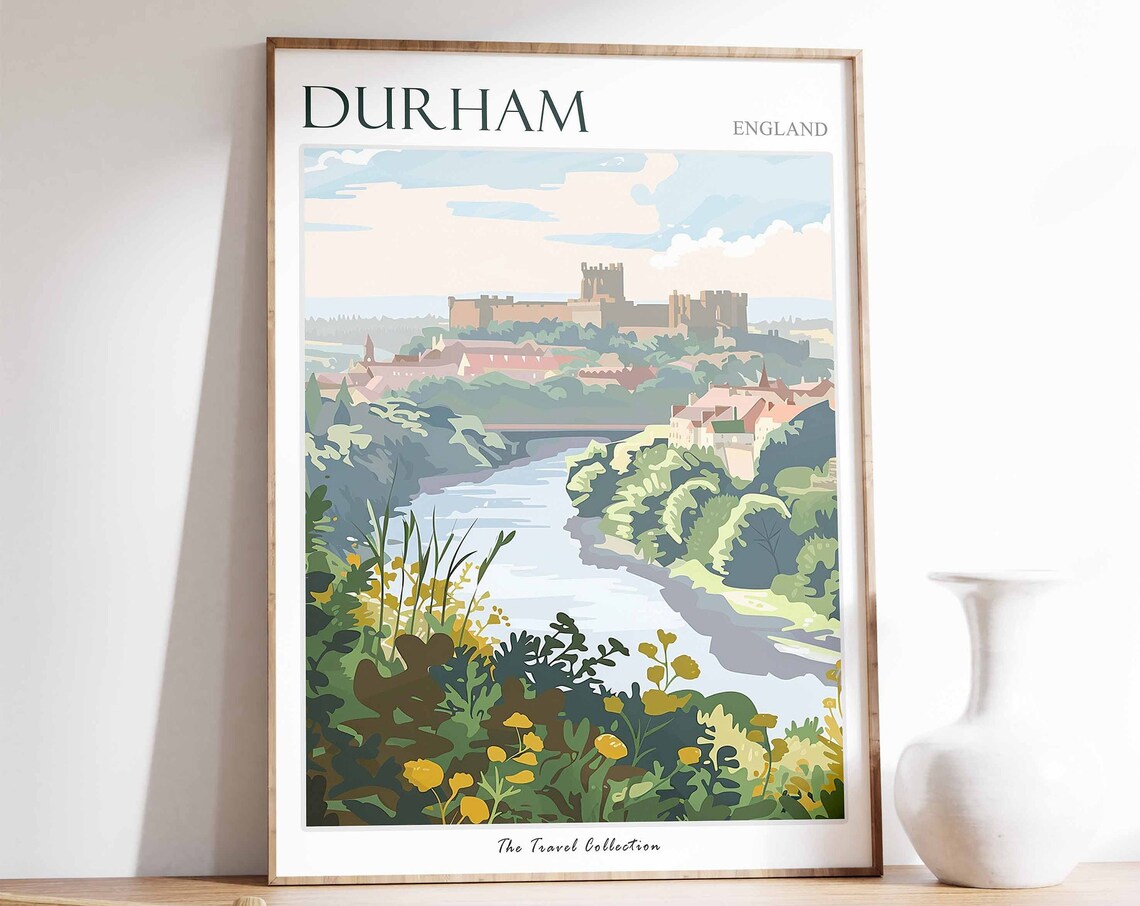 Durham England Castle Cathedral River Illustrated Travel Poster