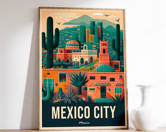 Mexico City Mexico Travel Poster Vintage Cactus Desert Town Sunset Art