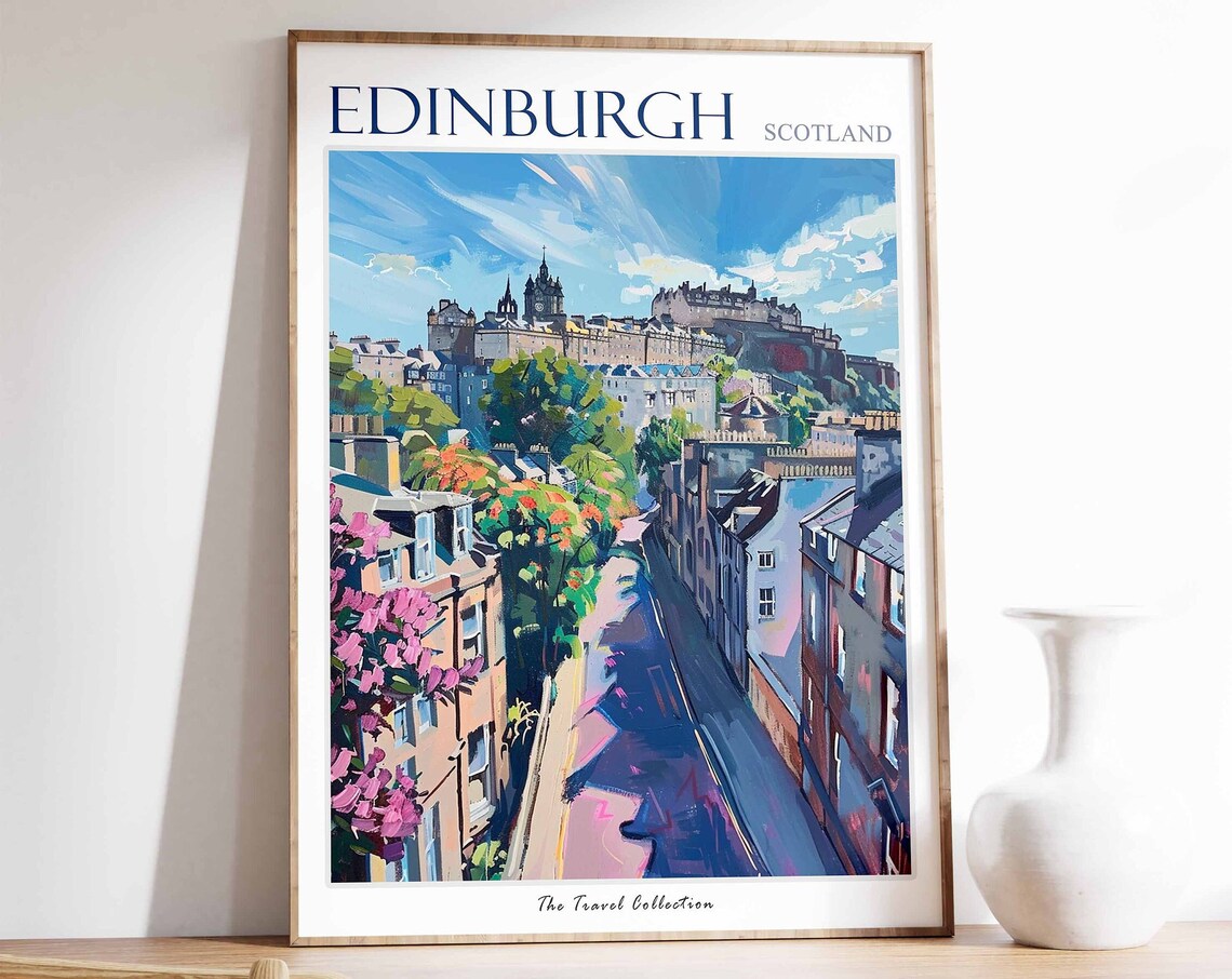 Edinburgh Scotland Castle City Street Blossom Sunny Day Travel Poster