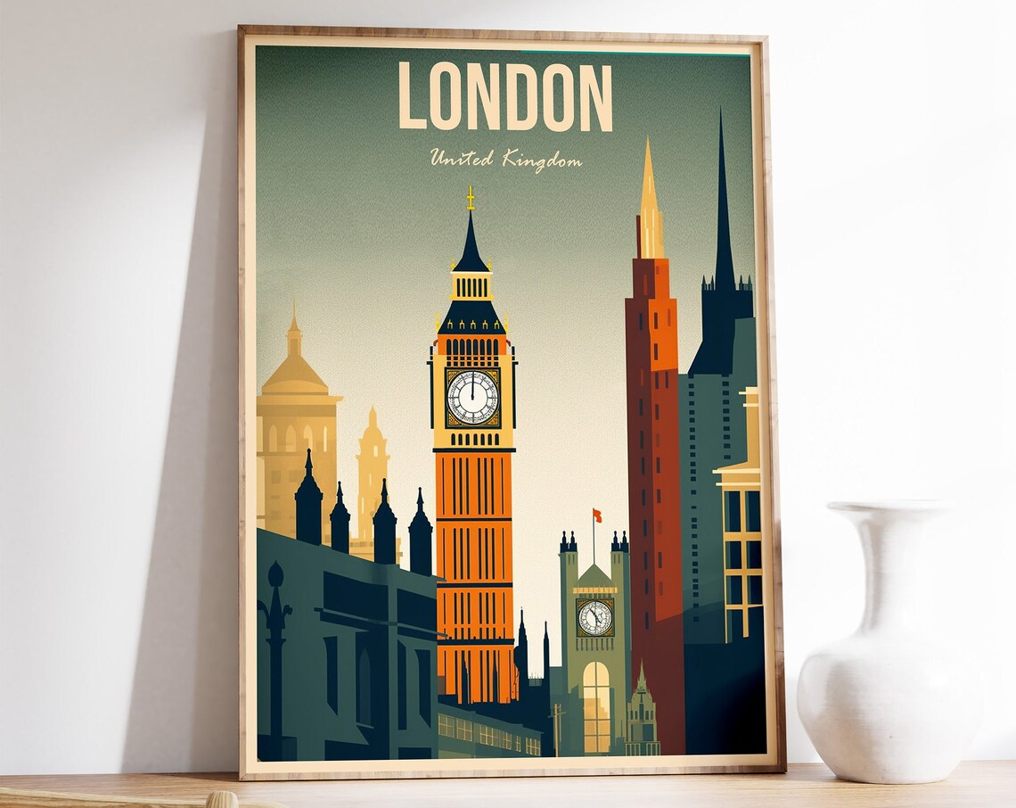 London Big Ben Retro Travel Poster United Kingdom City Landmark Art