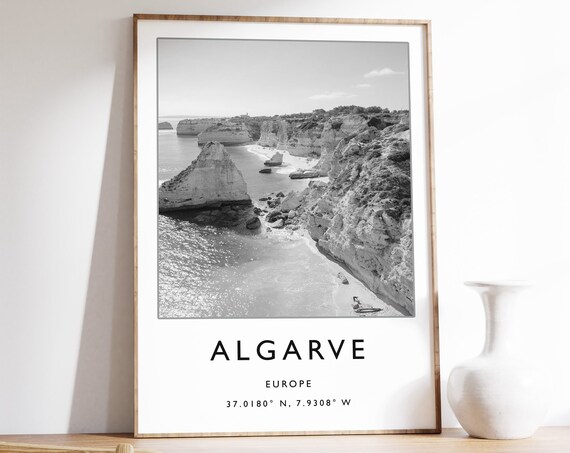 Algarve Portugal Black And White Limestone Cliffs Photo Poster