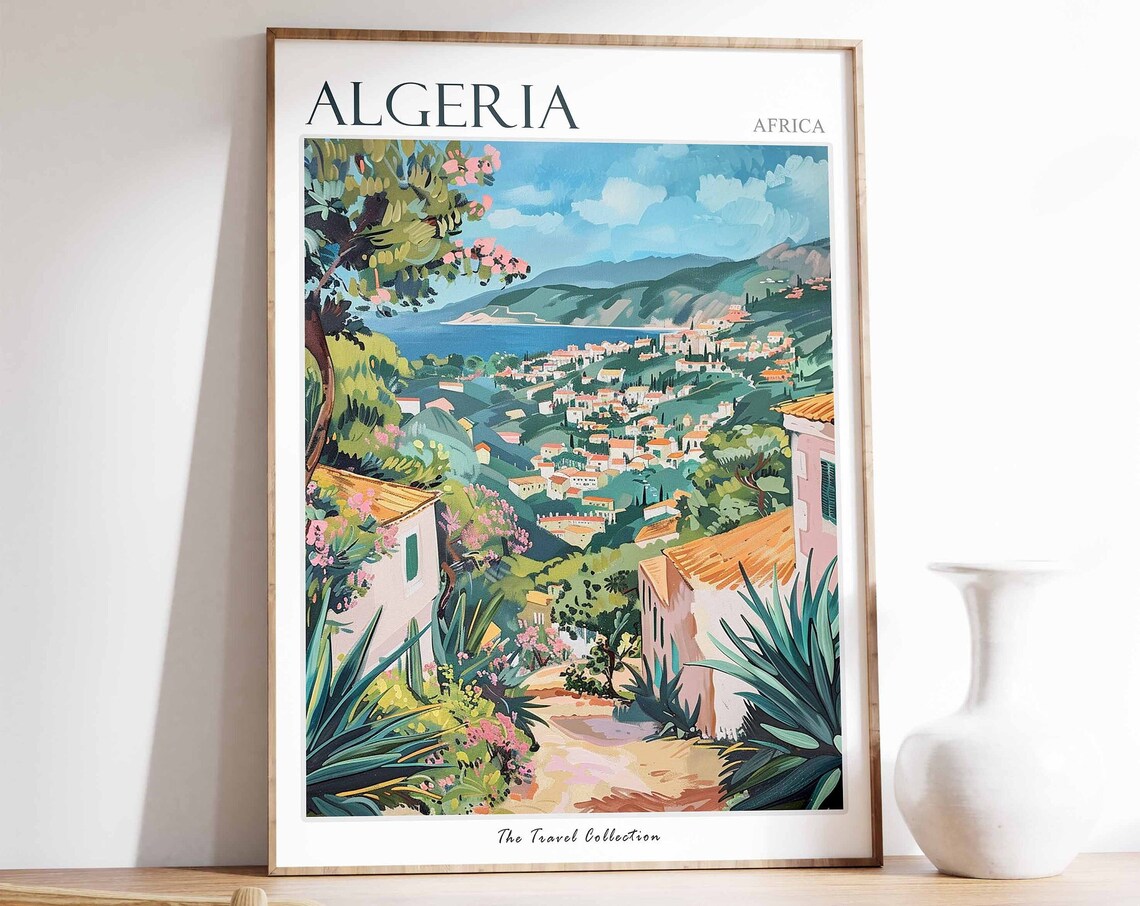 Algeria Africa Hillside Town Blue Sea Mediterranean Painted Poster