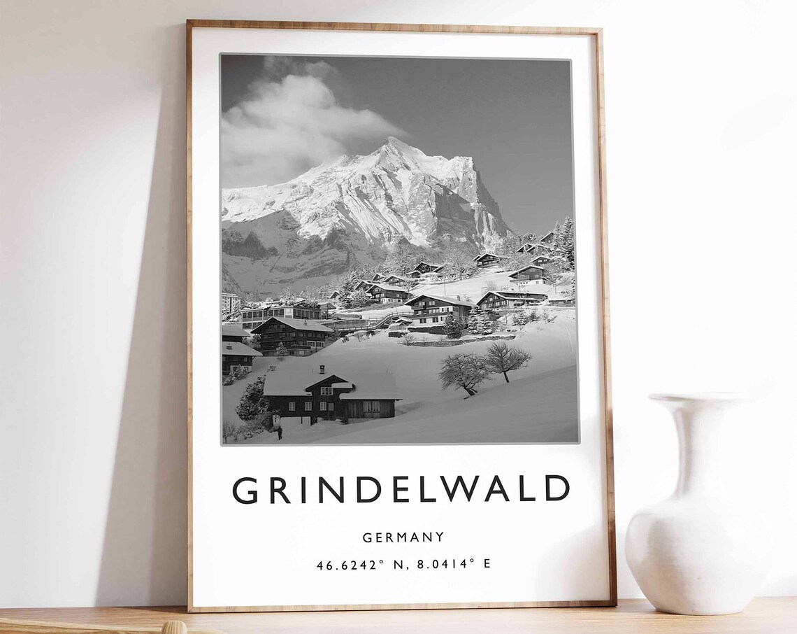 Grindelwald Germany Black and White Snowy Mountain Village Photo Poster