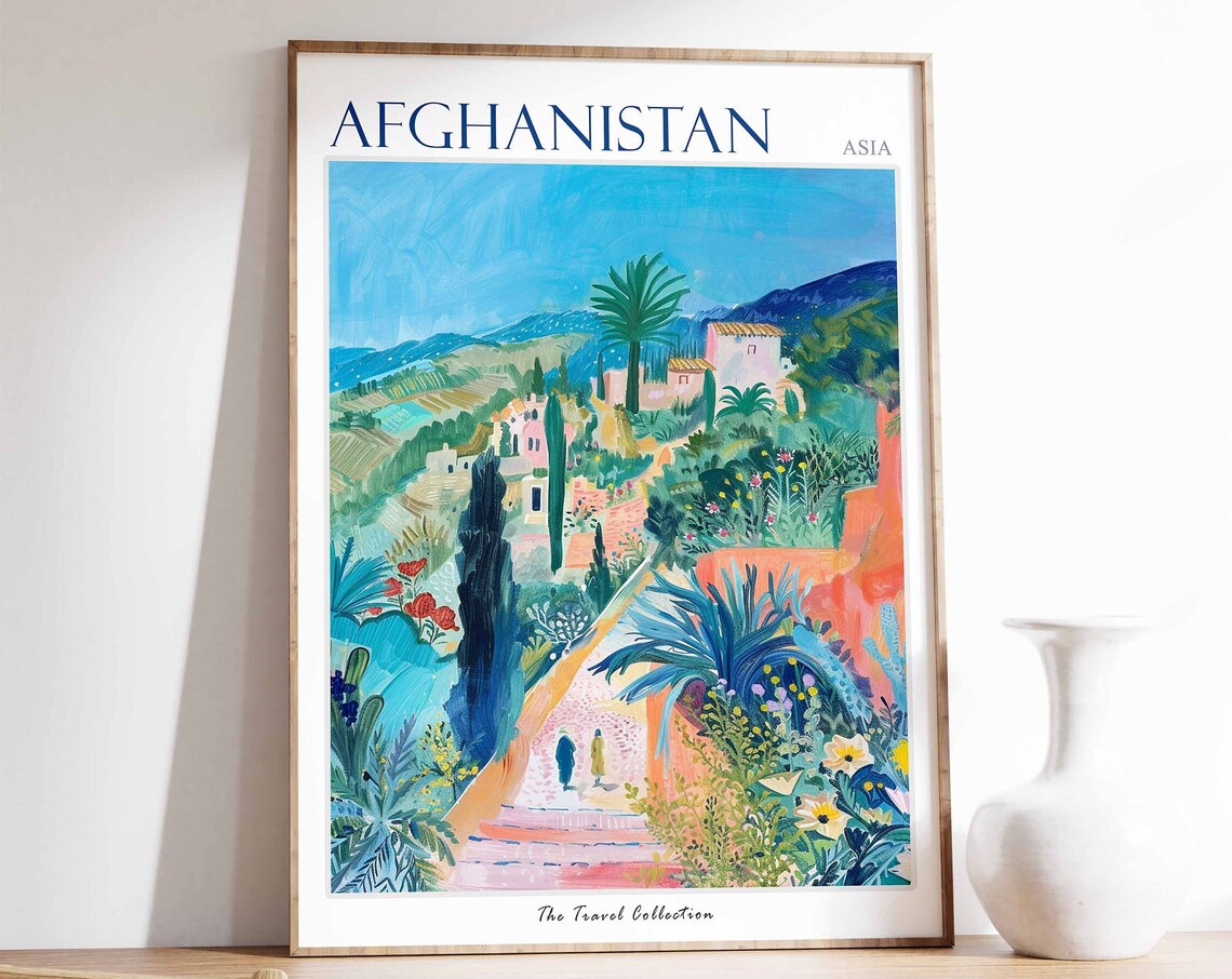 Afghanistan Asia Terraced Gardens Cypress Palms Travel Poster