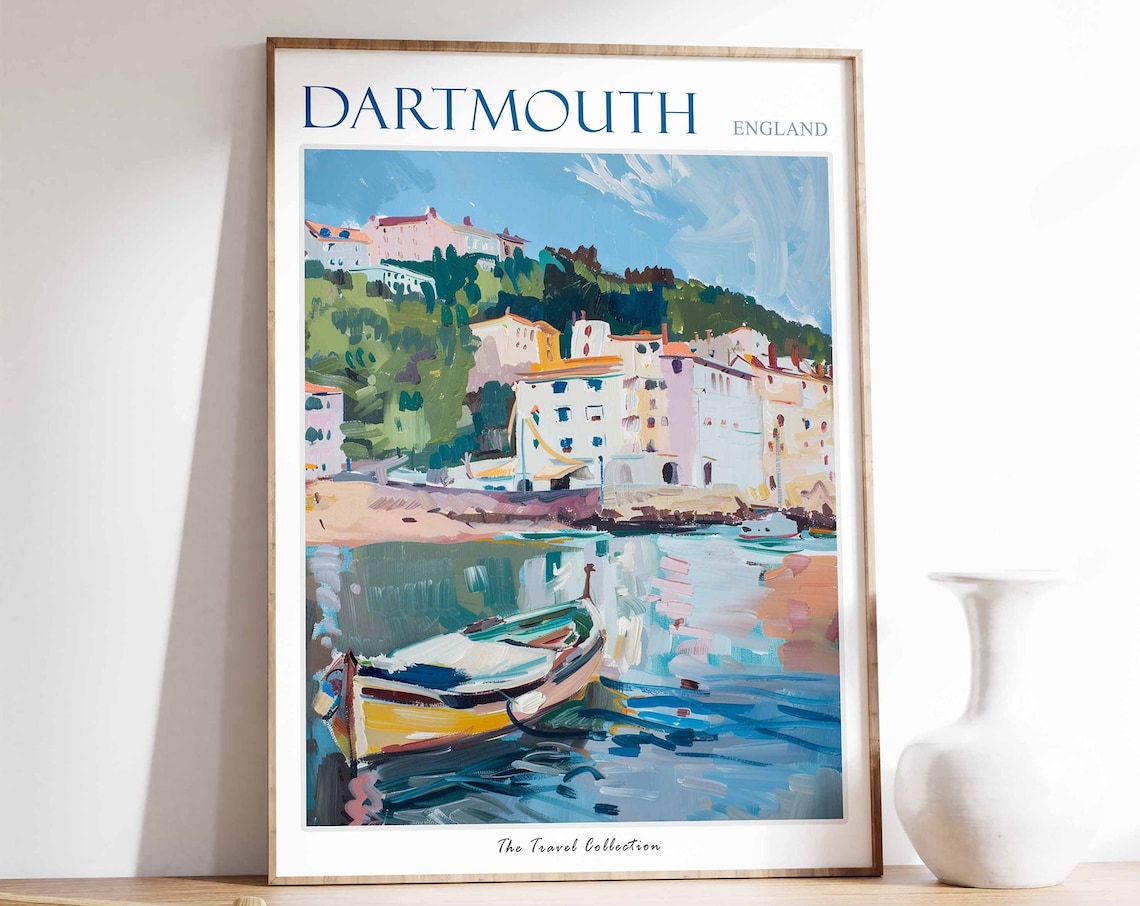 Dartmouth England Colorful Harbor Rowboat Illustrated Travel Poster