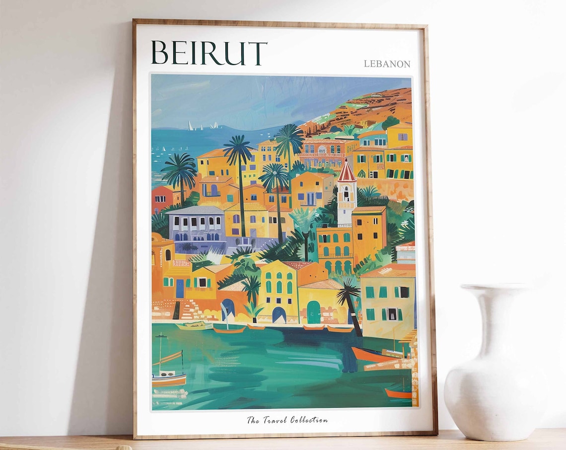 Beirut Lebanon Tropical Harbor Palm Trees Painting Travel Poster