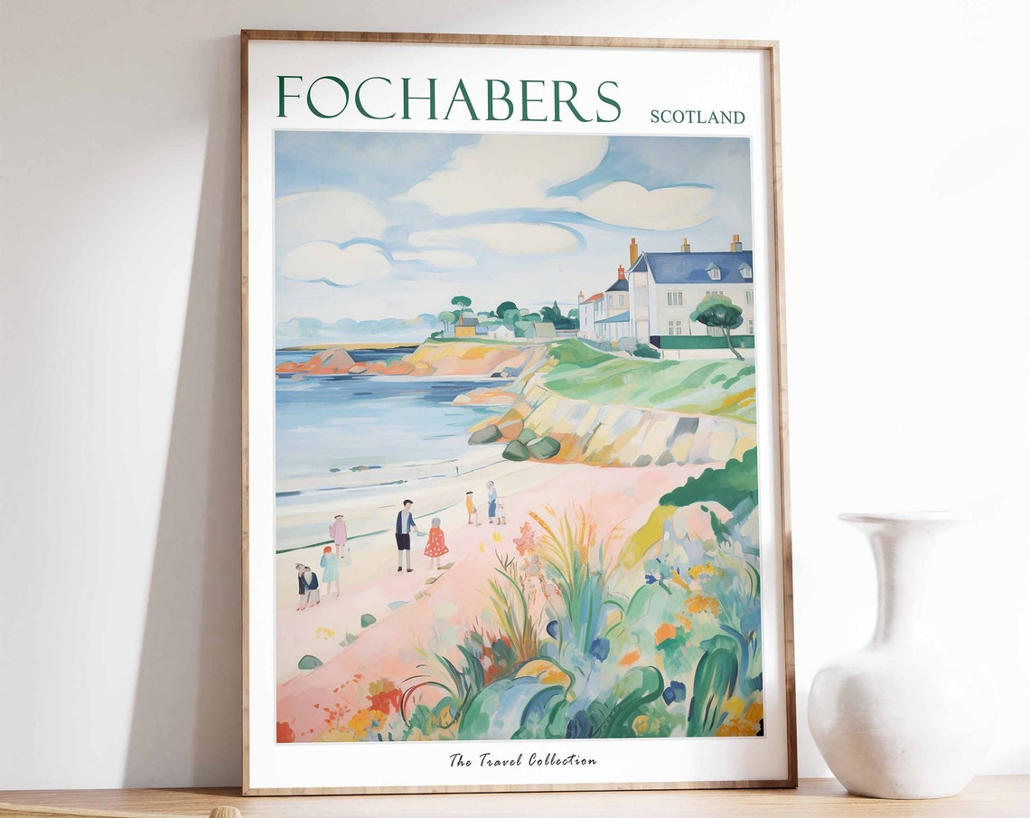 Fochabers Scotland Cliffside Path Beach Vintage Travel Poster