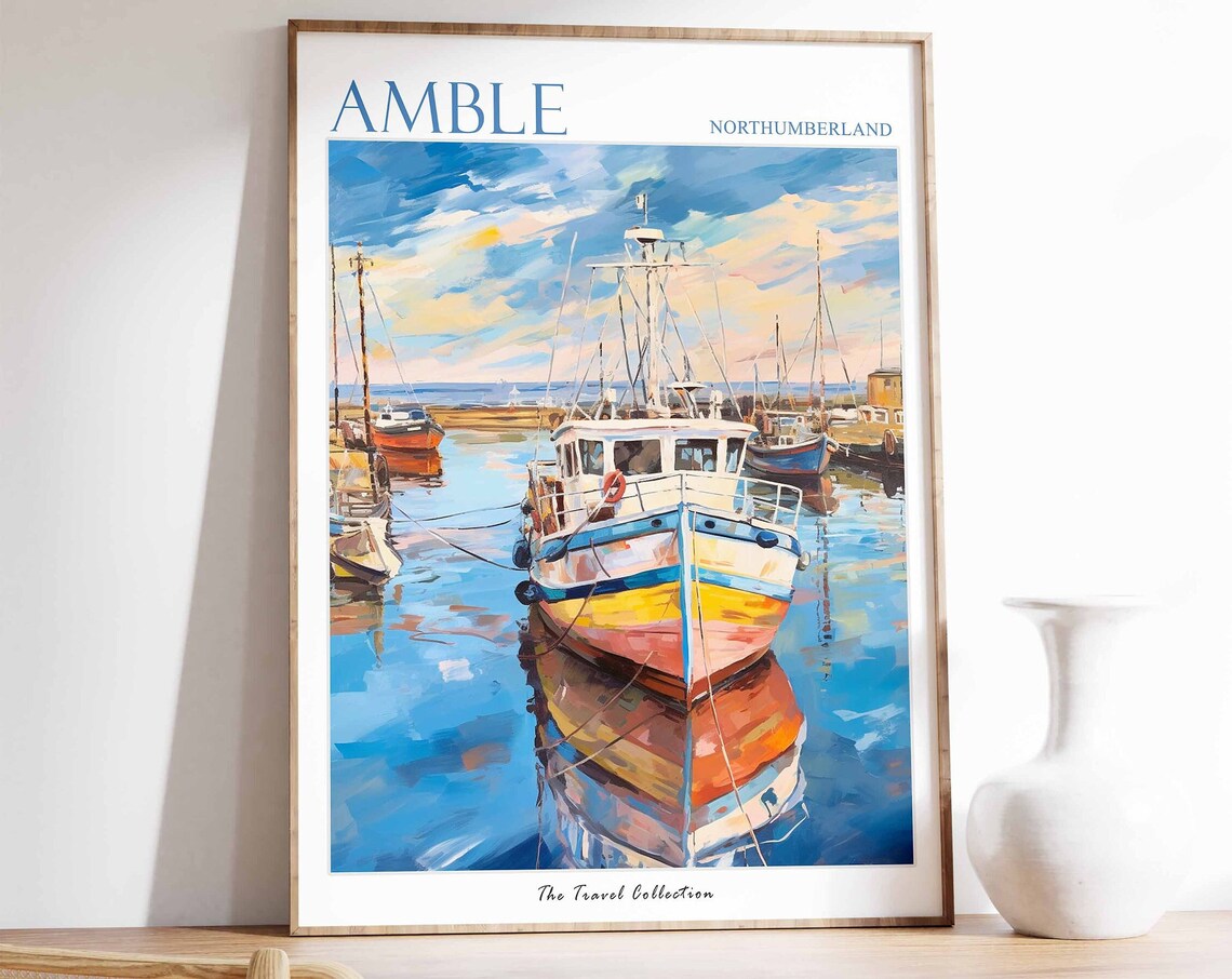 Amble Northumberland Fishing Boats Harbor Painting Travel Poster