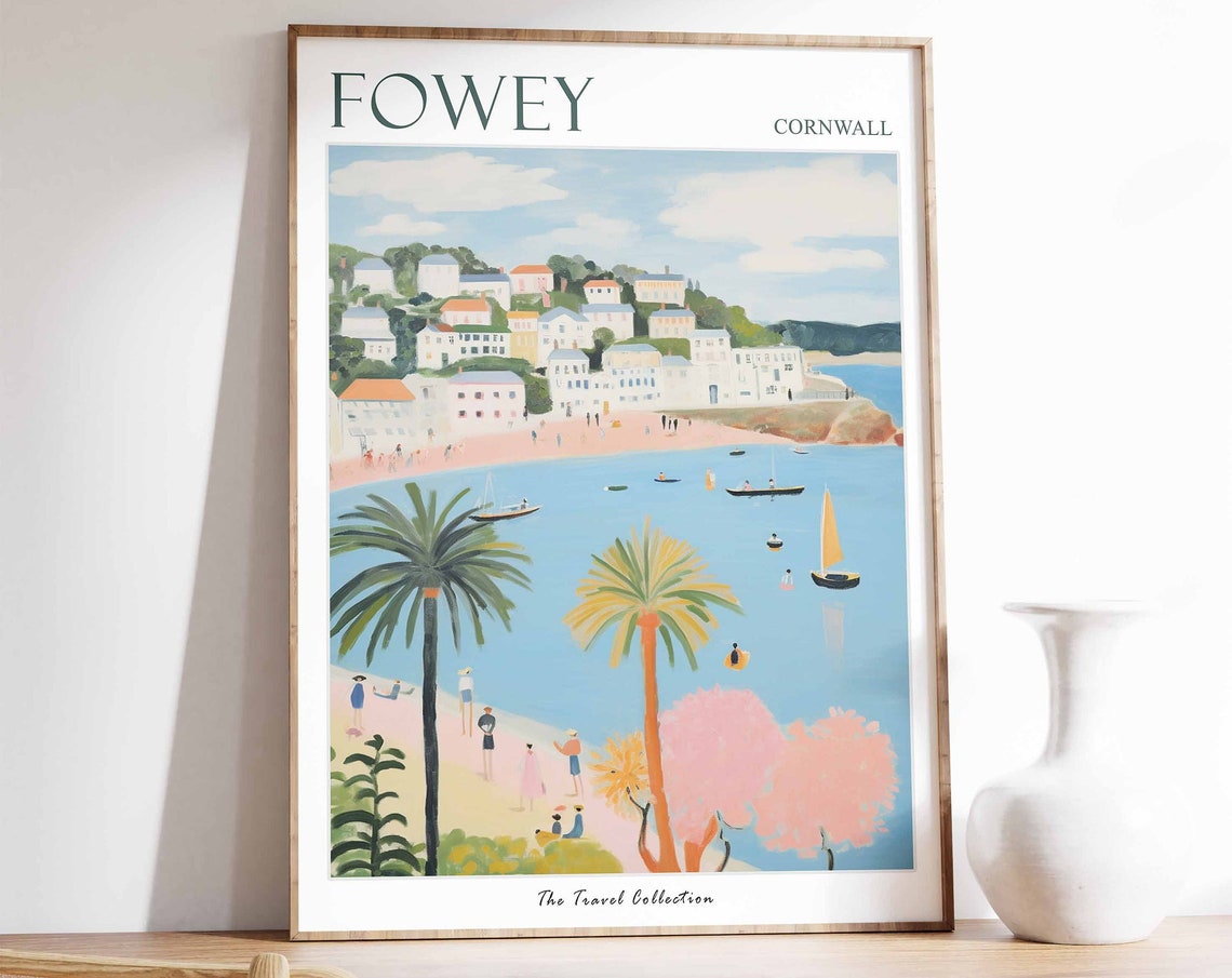 Fowey Cornwall Palm Trees across the Harbour Vintage Travel Poster