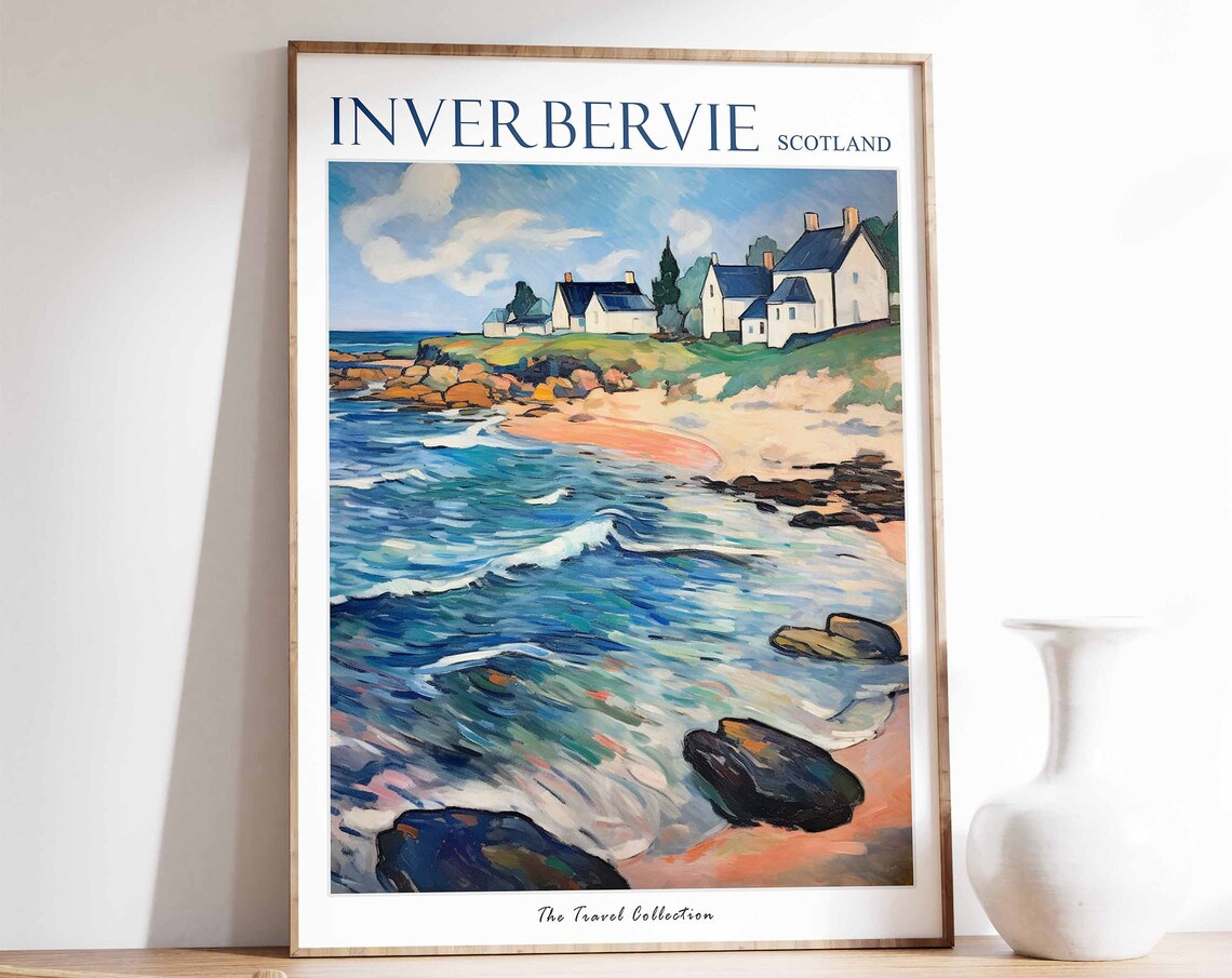 Inverbervie Scotland Fauvist Waves Crashing on a Rocky Shore Poster