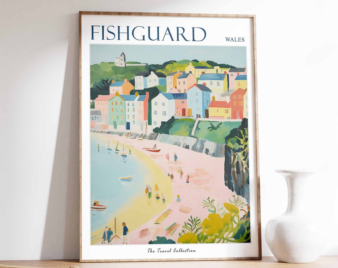 Fishguard Wales Pink Beach Town Cliffs Vintage Travel Poster