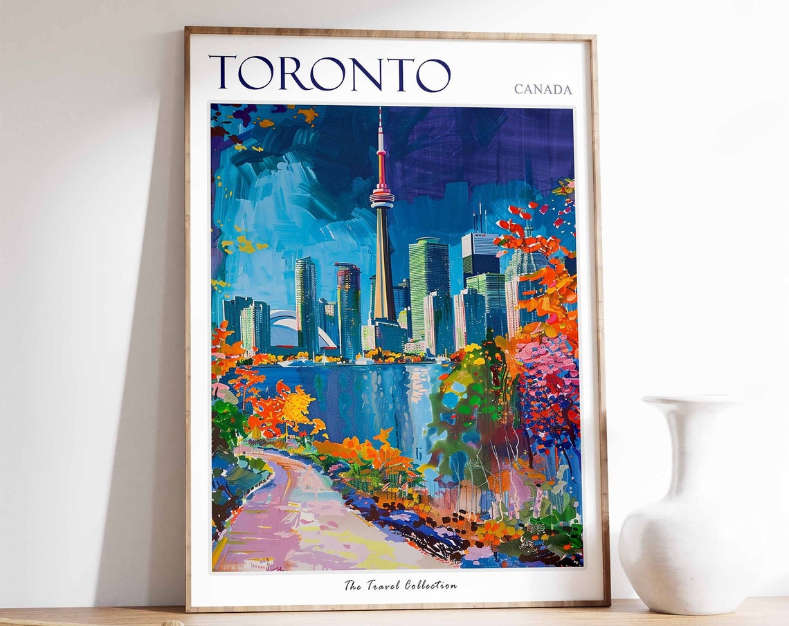 Toronto Canada CN Tower Skyline Autumn Trees Colorful Art Poster