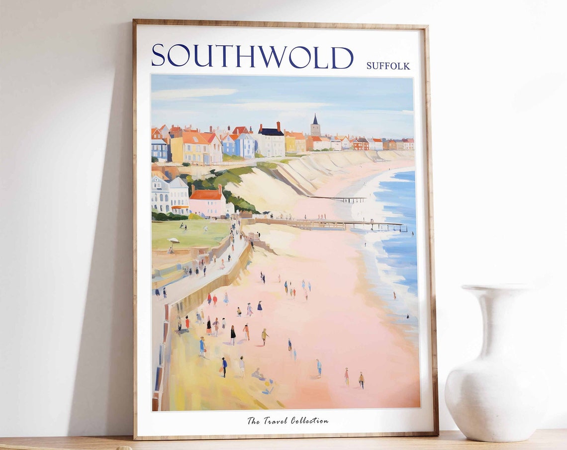 Southwold Suffolk England Beachgoers Pier Town Seaside Travel Poster