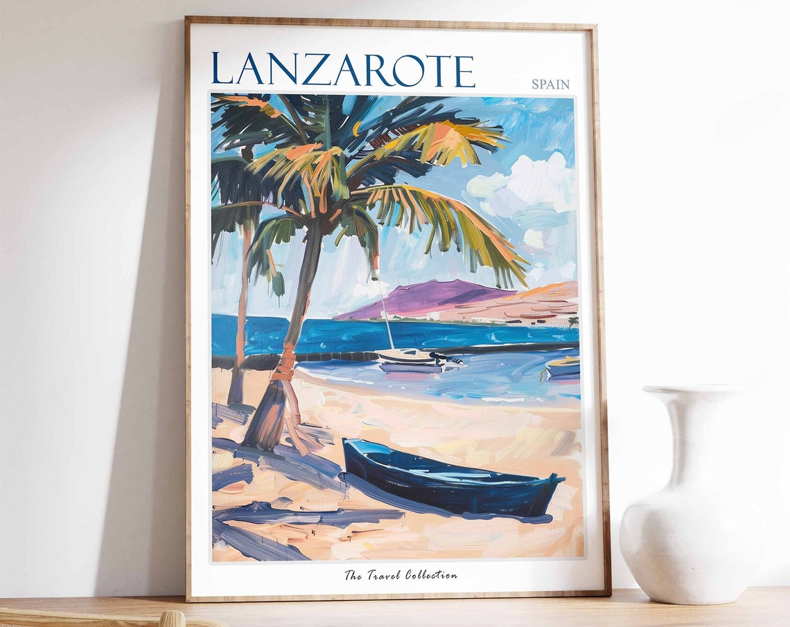 Lanzarote Spain Tropical Palm Beach Painted Travel Art Poster
