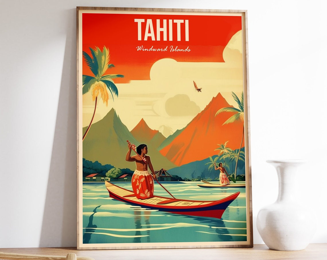 Tahiti Travel Print Tahiti Travel Poster Tropical Island Travel Wall Art Colourful Travel Art Vintage Travel Travel Gift A1a2a3a4