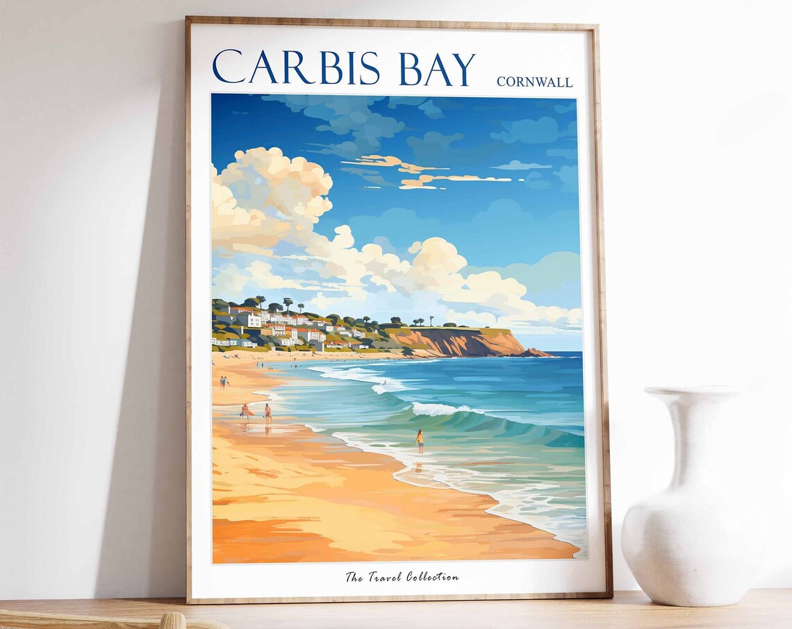 Carbis Bay Cornwall Golden Beach Cliffs Surf Waves Summer Sky Travel Poster