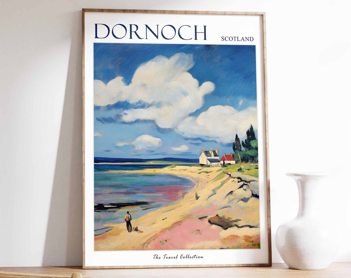 Dornoch Scotland Beach Cottages Dramatic Clouds Travel Poster